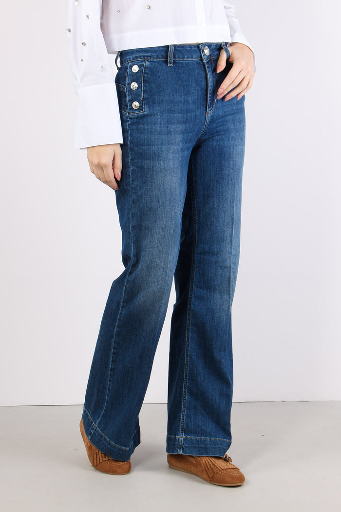 Jeans Flare Bottoni Argento Denim Scuro-7