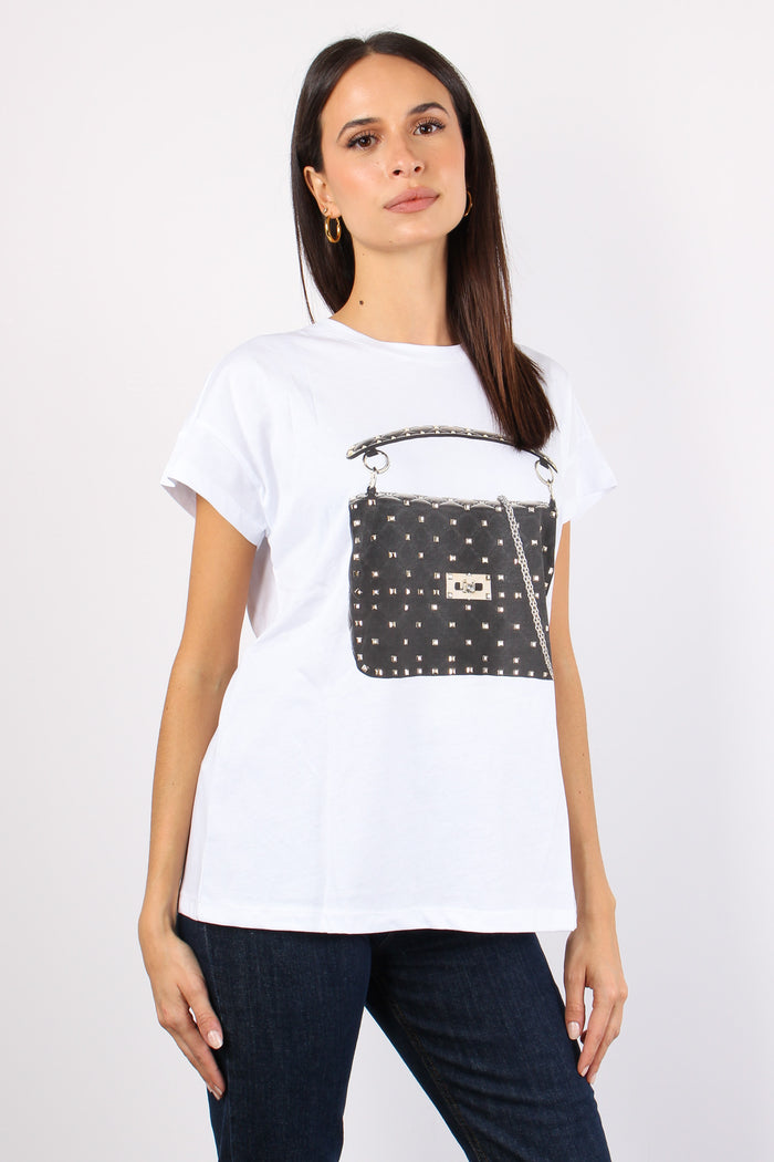 T-shirt Borsa Inserto Borchie Bianco-4