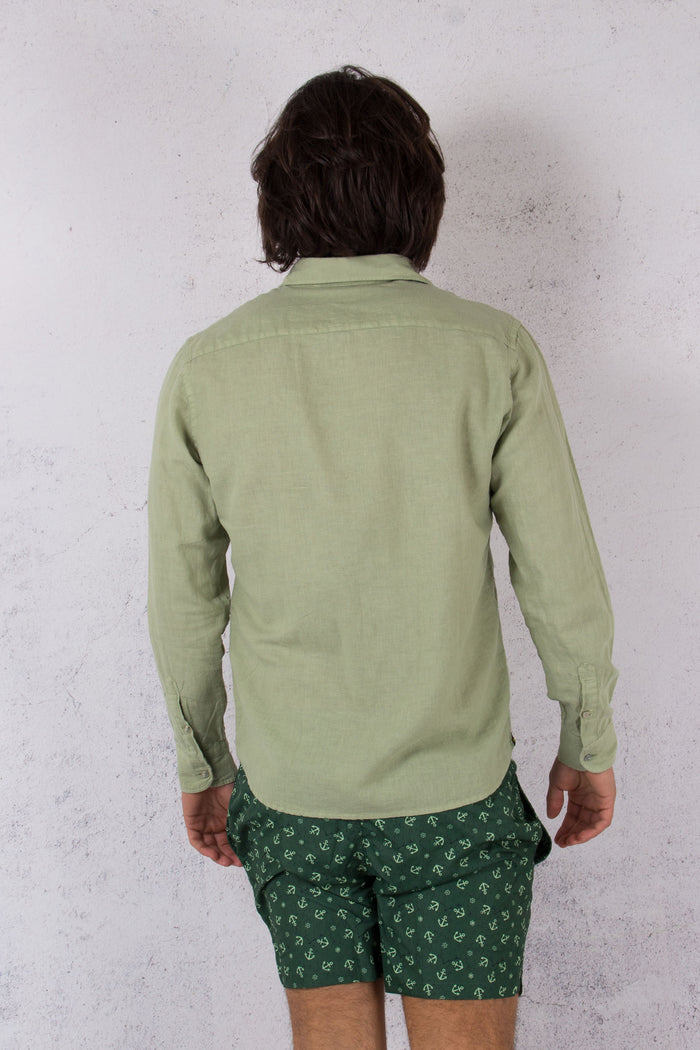 Camicia Lino Collo Francese Verde-3
