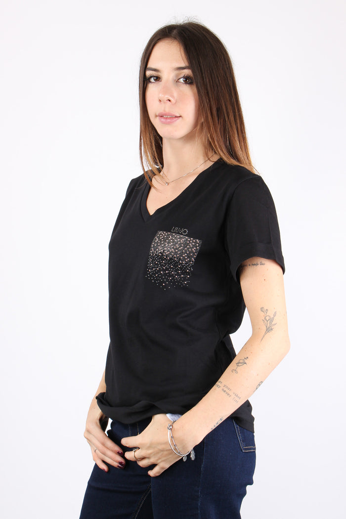 T-shirt Scollo V Taschino Stra Nero/strass-5