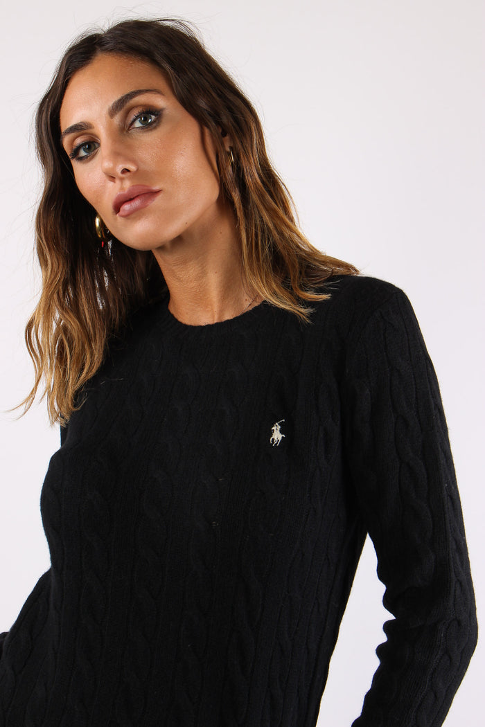 Maglia Girocollo Trecce Misto Lana Polo Black-7