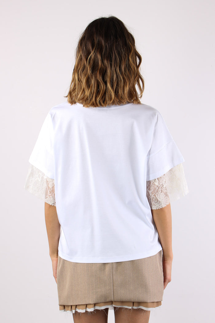 T-shirt Pizzo Inserto Manica Bianco-4