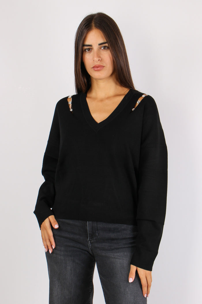 Maglia Scavo V Inserto Strass Nero-3