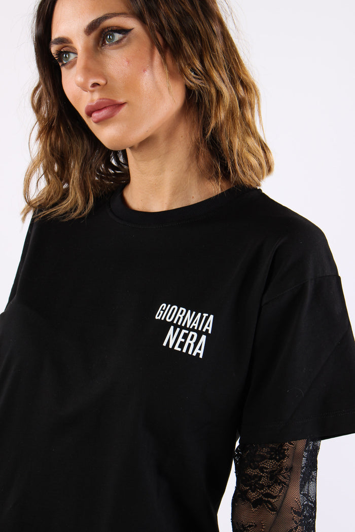 T-shirt Manica Pizzo Stampa Nero-7