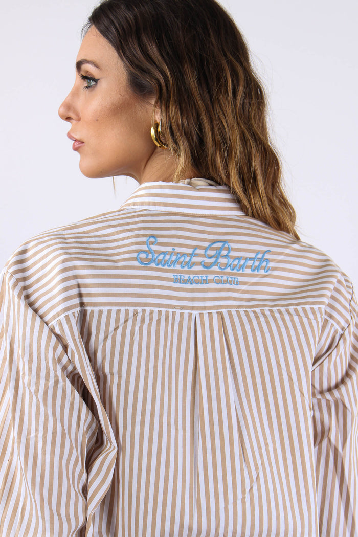Camicia Cotone Riga Ricamo Schiena Bianco/beige-6