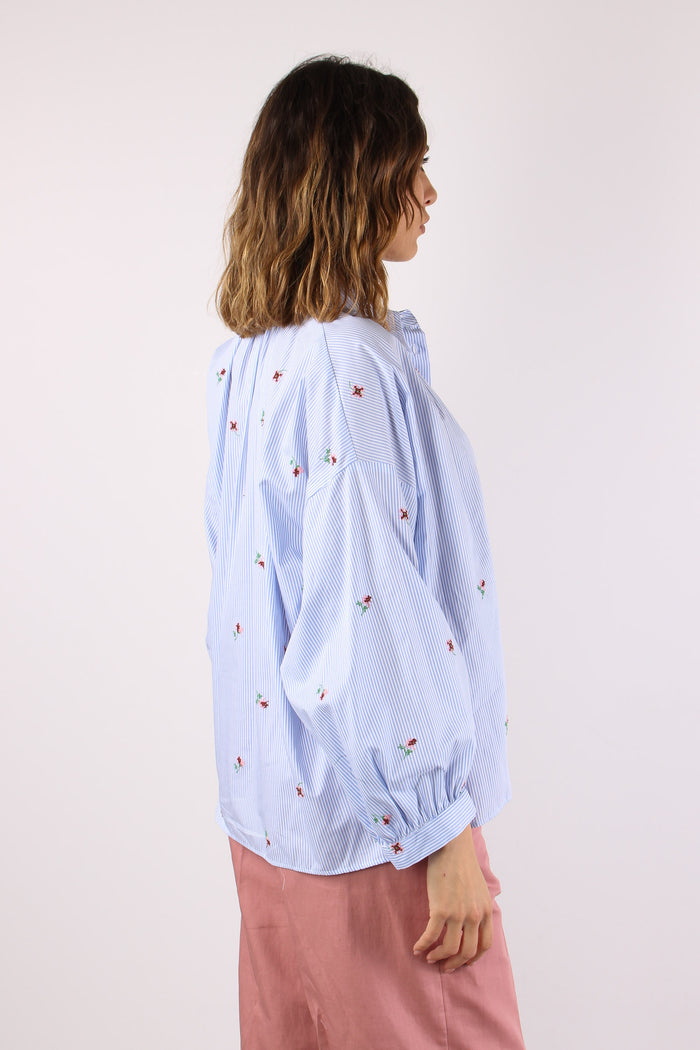 Butterfly Camicia Ricamo Fiori Bianco/azzurro-6