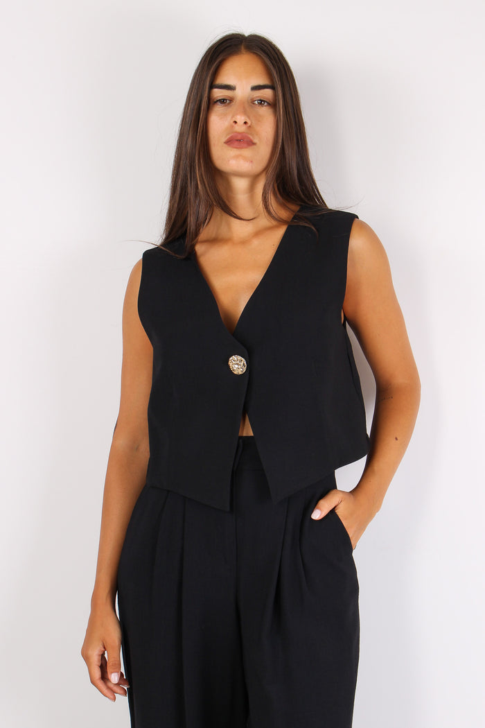 Gilet Corto Bottone Gioiello Nero-2