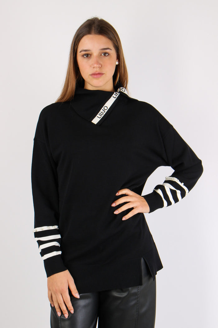 Maxi Maglia Riga Inserto Perle Nero/bianco-2