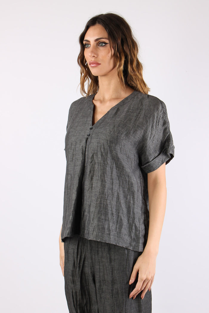 Blusa Scollo V Bottoni Grigio-3
