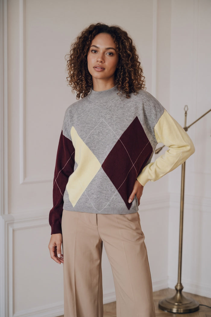 Maglia 100% Lana Rombi Grigio/vino/giallo