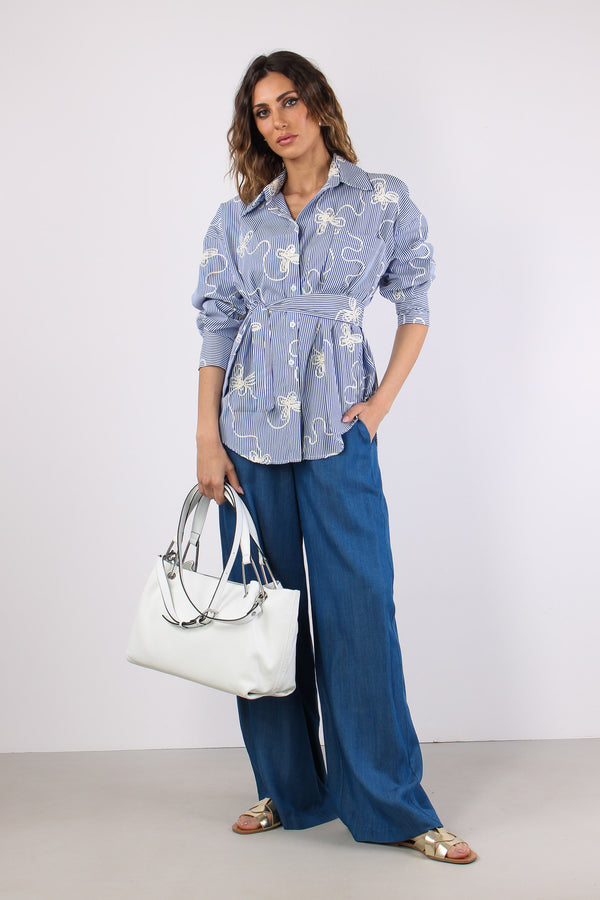 Camicia Over Riga Cravatta Ric Bianco/blu