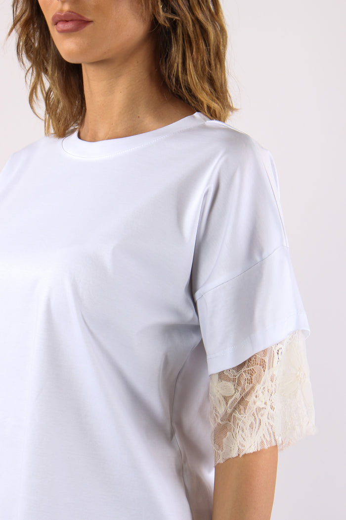 T-shirt Pizzo Inserto Manica Bianco-7