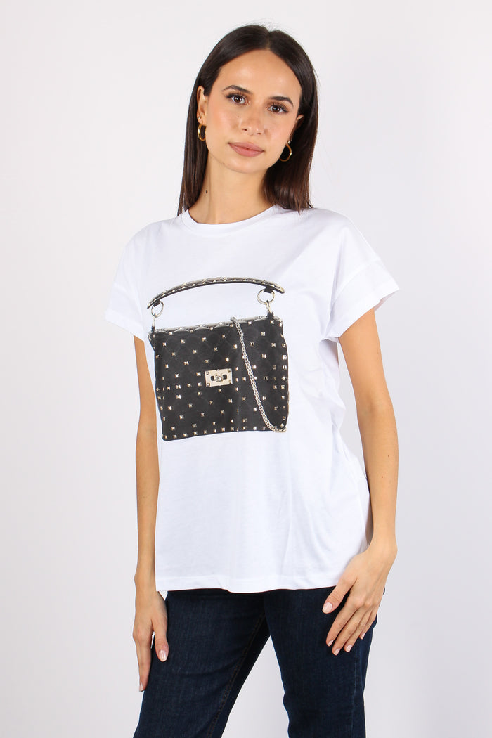 T-shirt Borsa Inserto Borchie Bianco-2