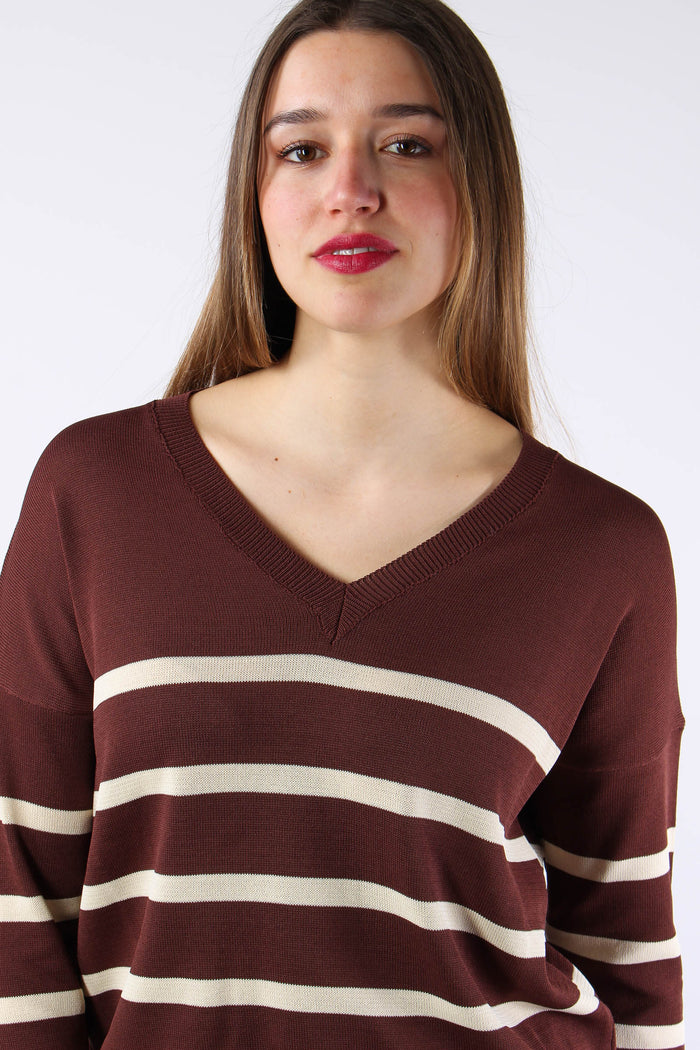 Maglia Scollo V Righe Moro/panna-6