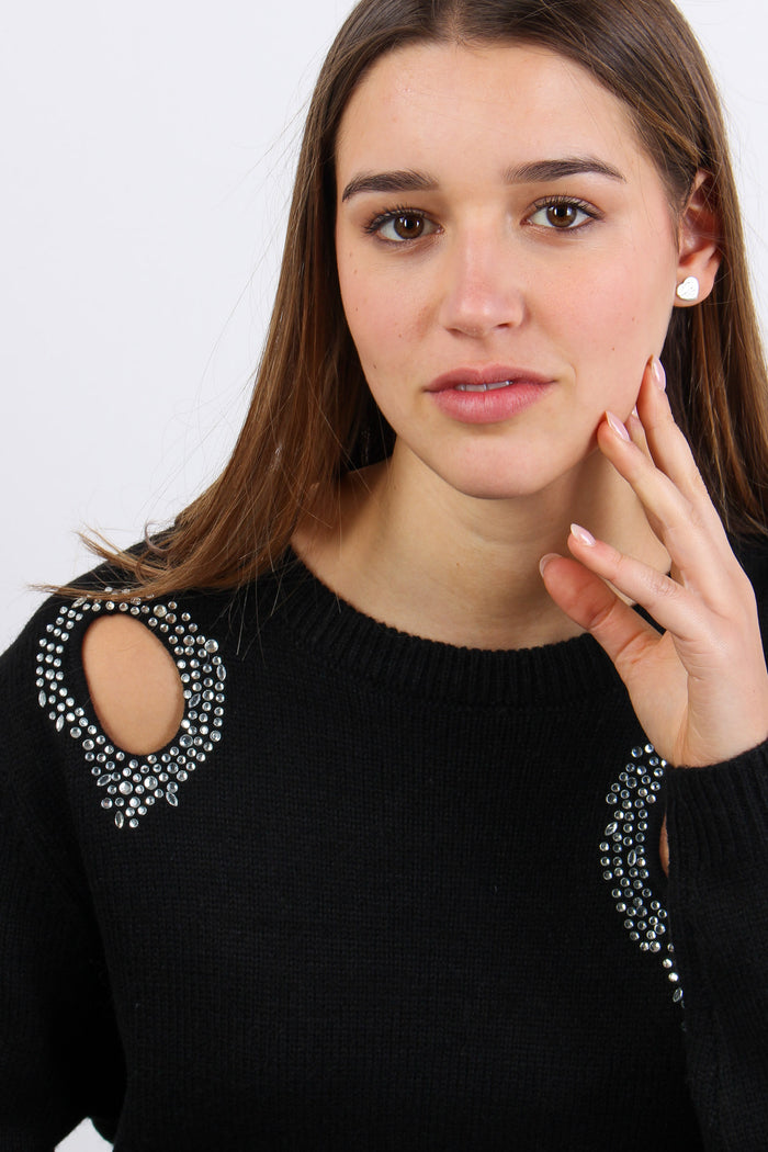 Maglia Aperture Davanti Strass Black-8