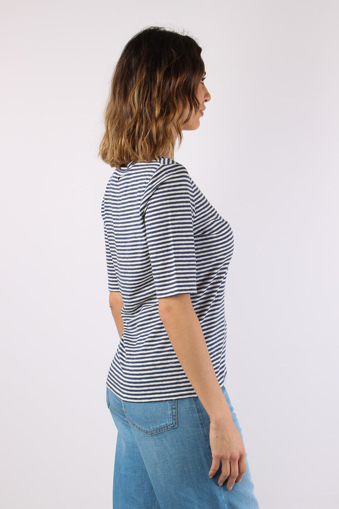 Opzione T-shirt Scavo V Riga Ecru/blu-6