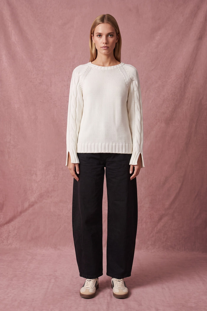 Maglia Treccia Manica 100%lana Panna