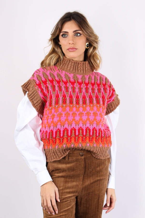 Gilet Smanicato Multicolor Cammello/fucsia