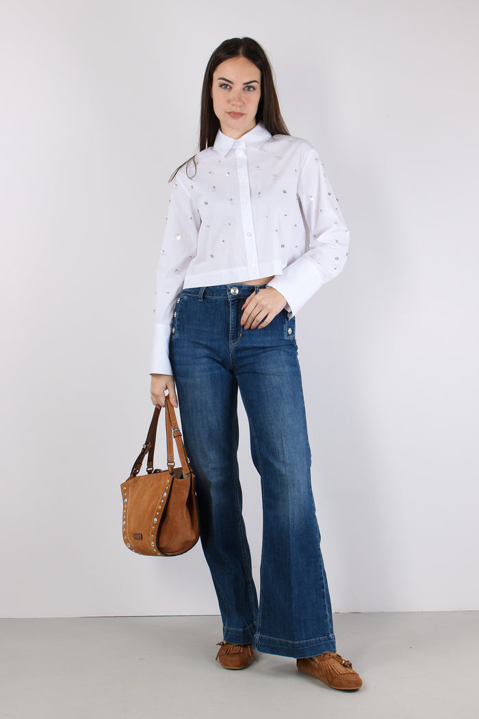 Jeans Flare Bottoni Argento Denim Scuro-5