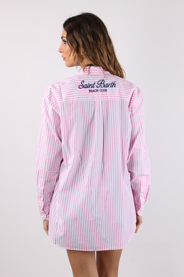 Camicia Cotone Riga Ricamo Schiena Bianco/rosa-6