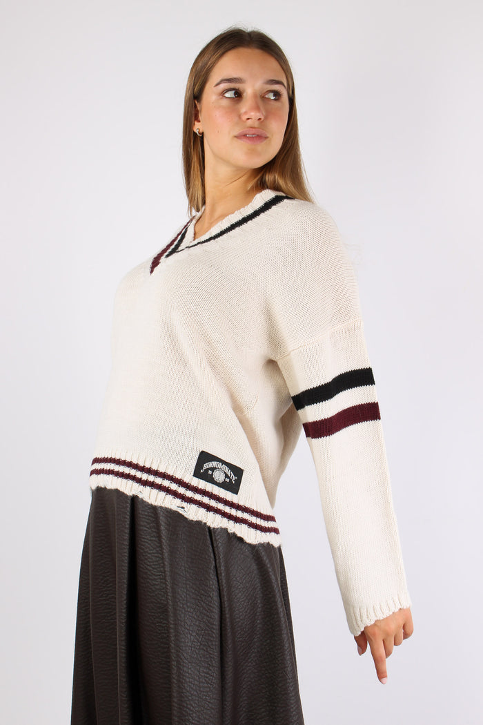 Maglia Lana Scavo V Righe Bianco Burro-7