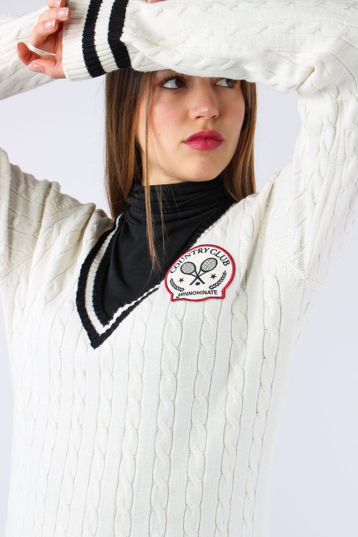 Maglia Treccia Scavo V Bianco Burro-3