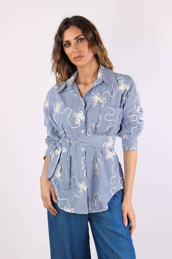 Camicia Over Riga Cravatta Ric Bianco/blu-2