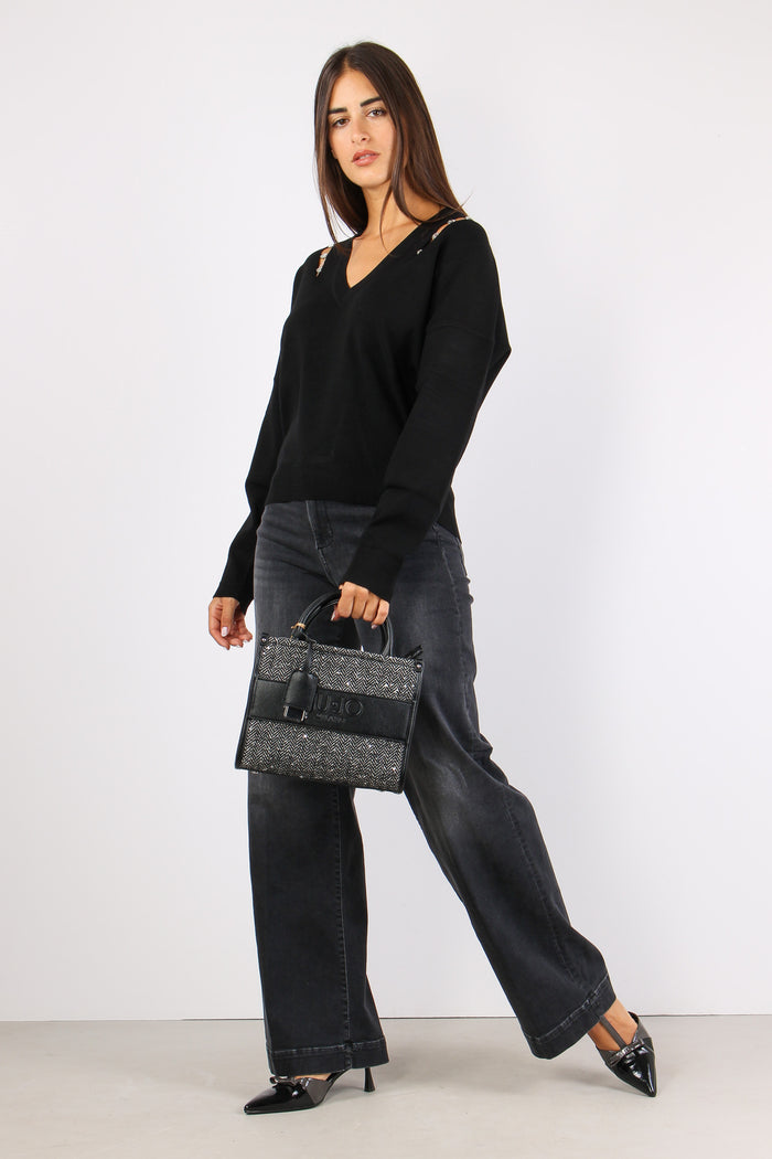 Maglia Scavo V Inserto Strass Nero-6