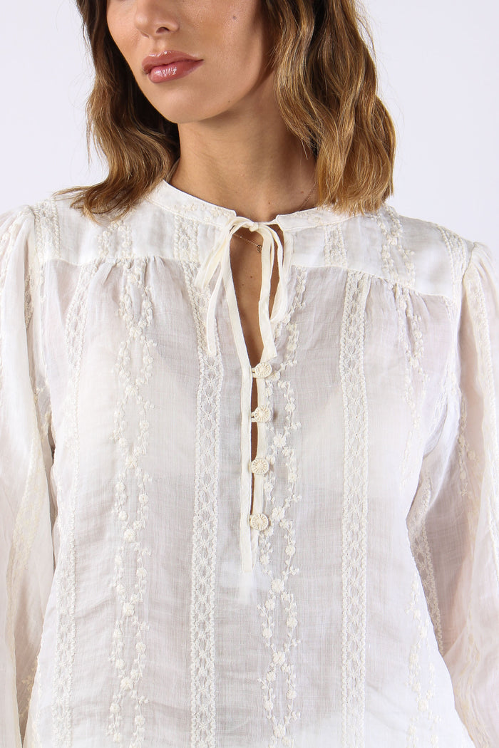 Blusa Ricami  Laccetto Collo Panna-8